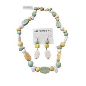 Stephan & Co Women's Wood Necklace & Earrings Beige, Green, Yellow NWT